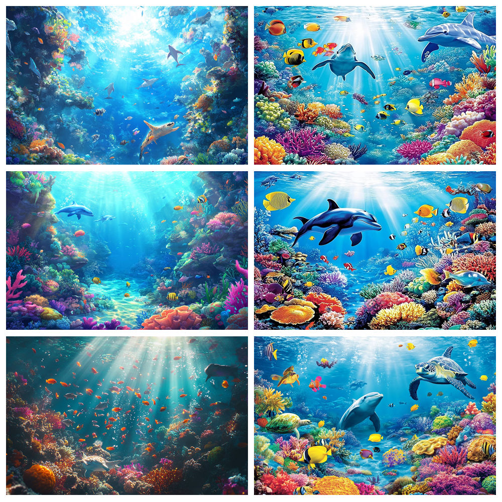 Aquarium Fish Dolphin - 水中世界の背景写真魚イルカサメカラフルなサンゴ海藻水族館ベビーシャワーの写真の背景の装飾