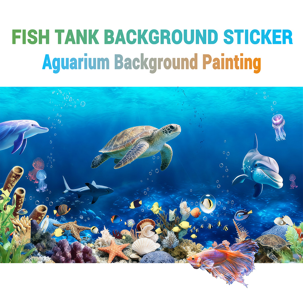 Aquarium Fish Dolphin - 水槽の背景、魚水槽用背景、青いウミガメとイルカ、水槽装飾、前面自己粘着2Dフラットステッカー