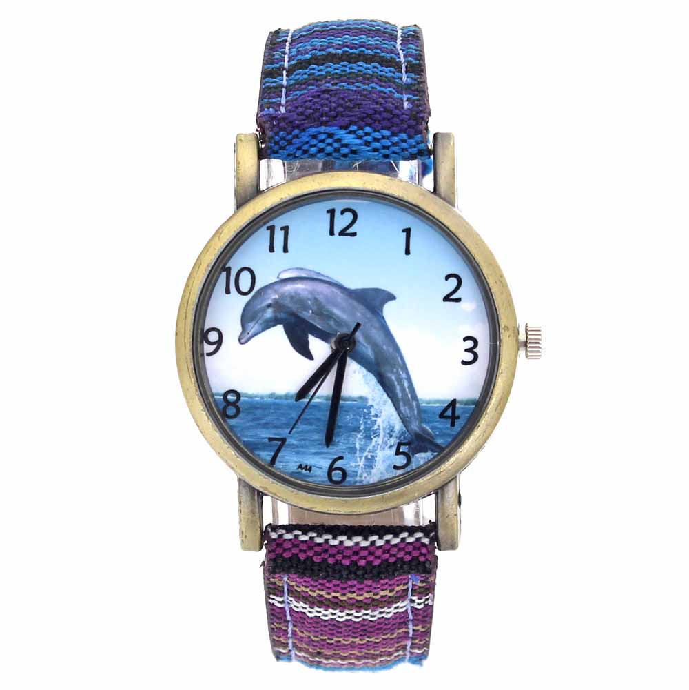 Aquarium Fish Dolphin - イルカパターン海洋水族館の魚のファッションカジュアルメンズレディースキャンバス布ストラップスポーツアナログクォーツ時計