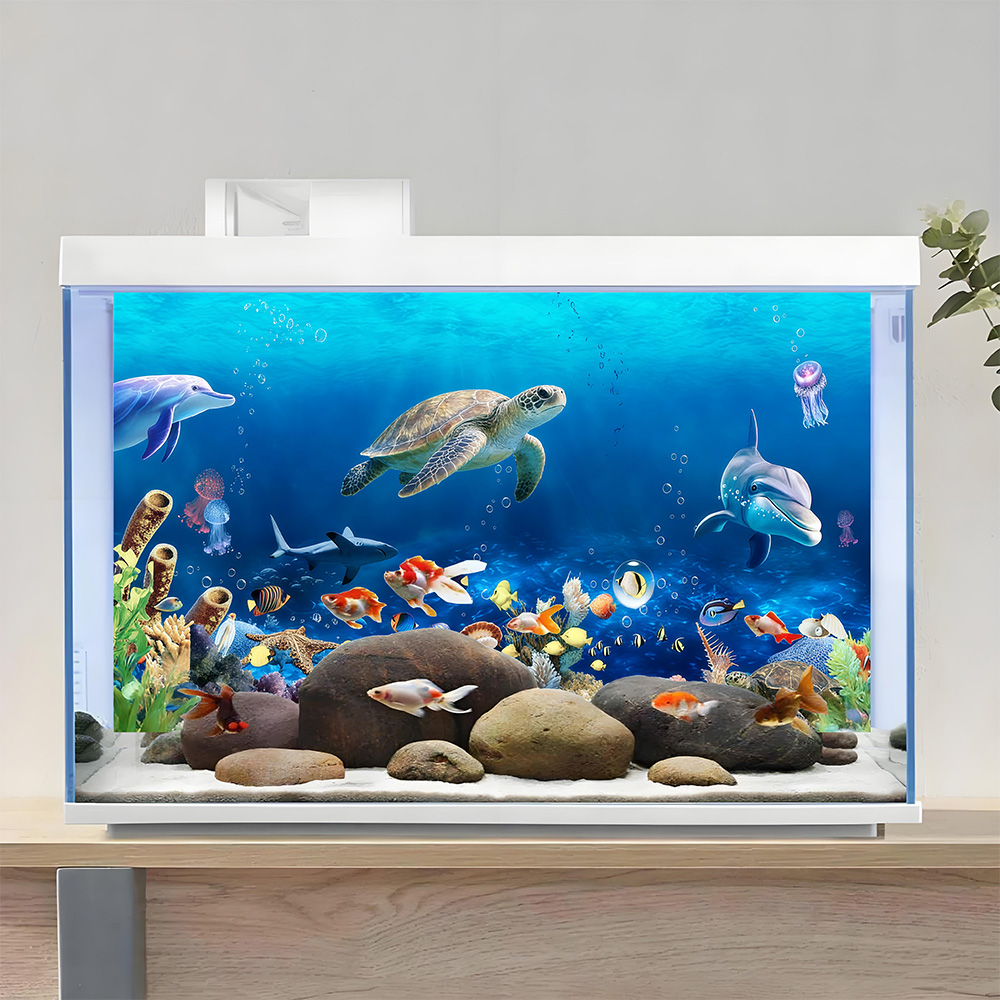水槽の背景、魚水槽用背景、青いウミガメとイルカ、水槽装飾、前 - Aquarium Fish Dolphin のレビューと価格